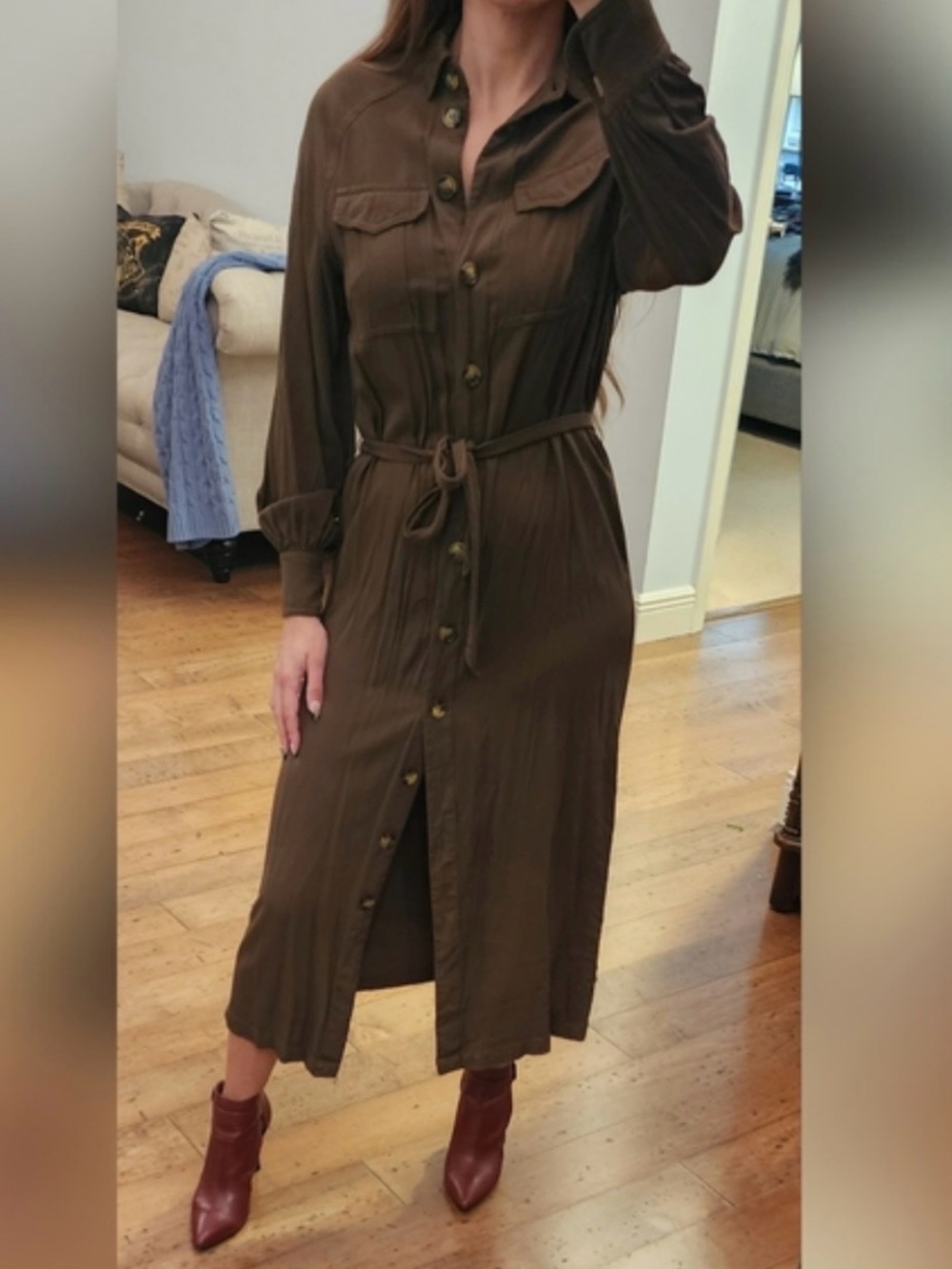 H&M Olive Green Button-Front Midi Shirt Dress with Tie Waist
